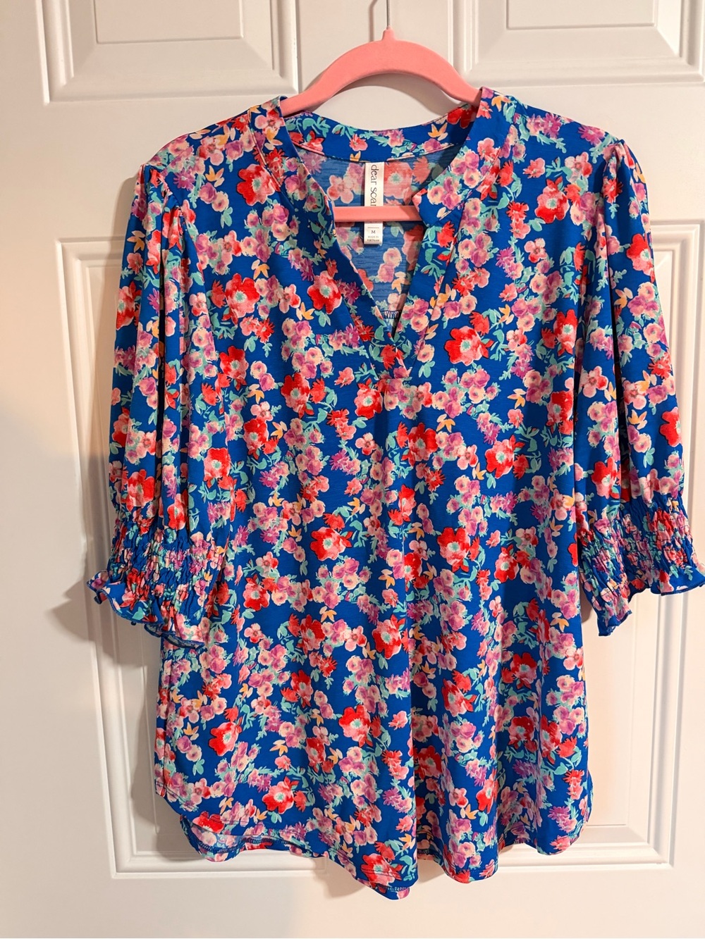 Scarlett Royal Blue Floral V-Neck Smocked Sleeve Blouse